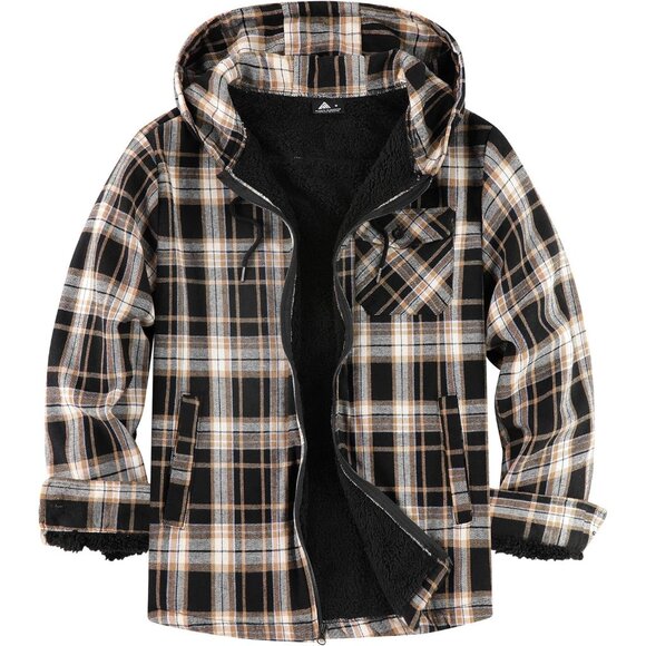 Men's Brown Black Flannel Plaid Jacket Warm Sherpa Lined Fleece Hoodies